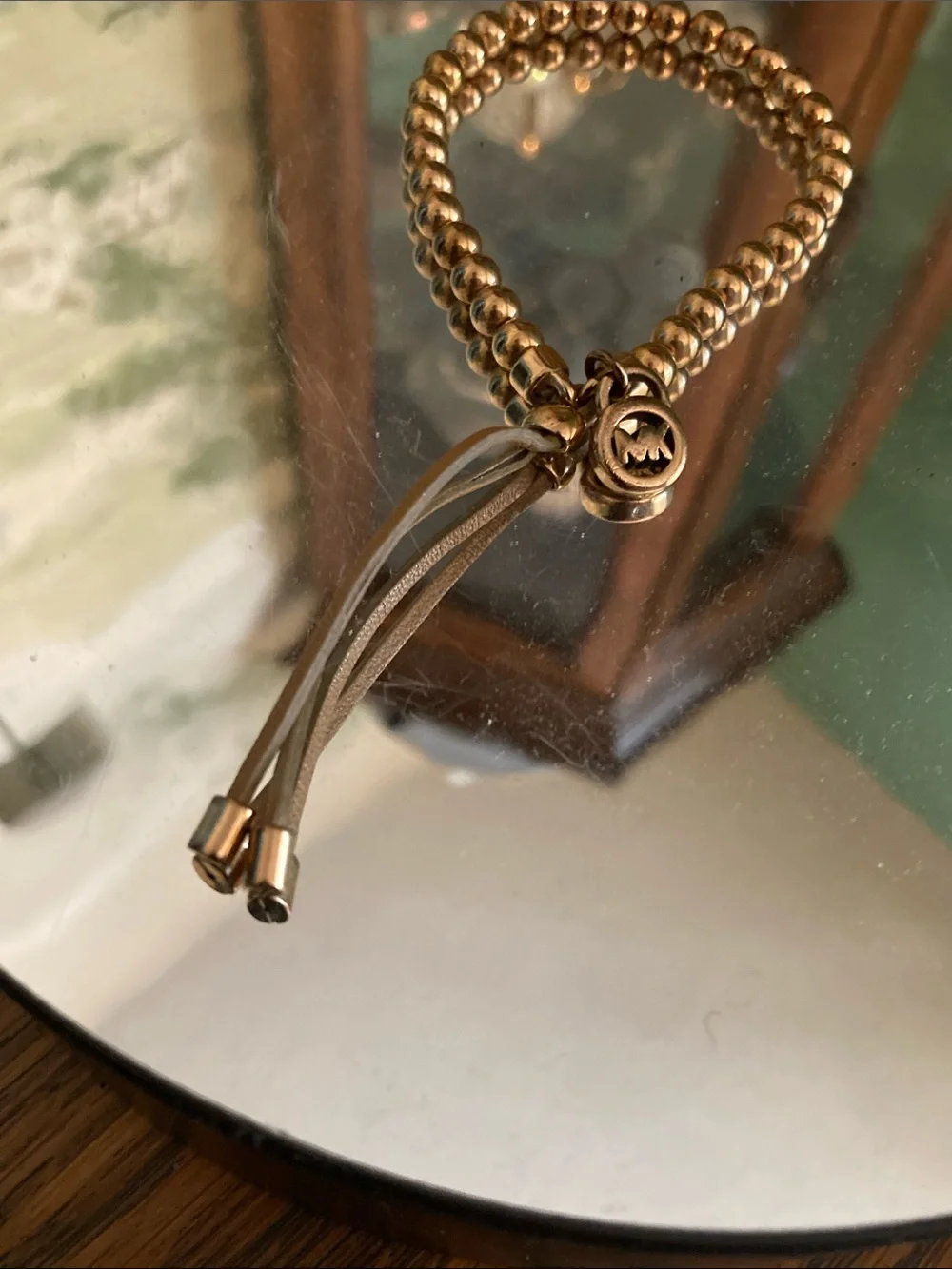 Michael Kors Gold-Tone Beaded Slider Bracelet with Logo Charm w/Leather Pull